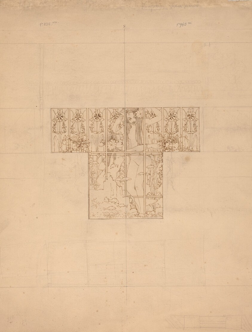Nude and Fish with Flowers (Study for etched bathroom window)