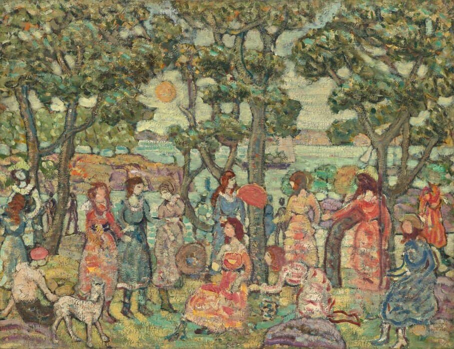 About a dozen people, mostly or all women, sit or stand in a loose row under a band of trees close to us in a park with water in the near distance in this stylized horizontal painting. The trees reach off the top edge of the canvas, and tufts of leaves are painted with dabs of moss, mint, and forest green with a few touches of marigold orange. The women all appear to have peachy or nearly white-colored skin and shades of brown hair. Their bodies and dresses are outlined in black, dark blue, or dark red. They are painted loosely and almost without facial features. They wear dresses in shades of coral red, pale yellow, muted blue, light lilac purple. A person sitting in the lower left corner wears a dark pink cap, and a dog stands to one side. Two sailboats float in the body of water beyond the grassy park. The water is painted pale mint green. A strip of land on the far side of the water is painted in tones of pale tan and purple, and the sky above is mottled parchment white and light slate blue, and the sun is a golden yellow disk to the left.