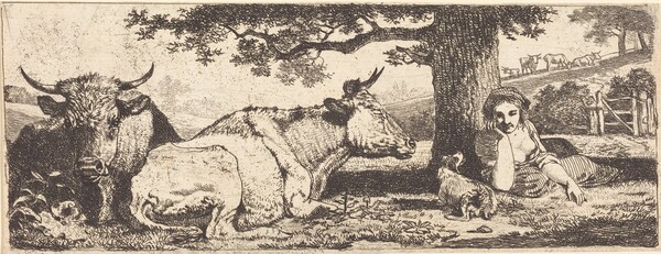 Two Cows and a Woman Lying Down