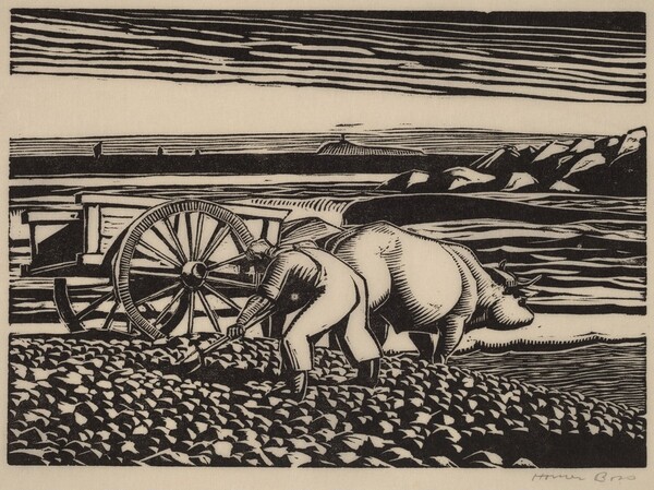 Untitled (Man Gathering Rock From Seashore, With Ox-Cart)