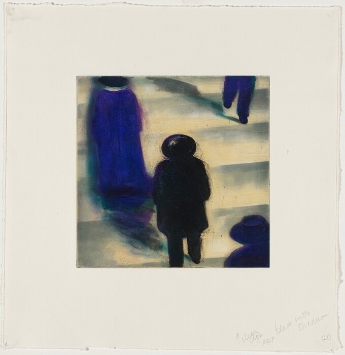 The image depicts a series of elongated, shadowy shapes and lines intersecting with each other. These shapes resemble human figures, some with what looks like hats, against light-colored, horizontal surfaces. The dominant colors are deep blues and dark shadows, suggesting a street scene seen from above.