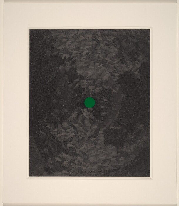 The image shows a central circular shape surrounded by textured swirling brush strokes in shades of gray. The circle is bright green while the background is a stormy gray. The strokes create a dynamic sense of movement.