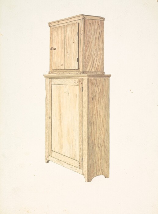 The image shows a tall wooden cabinet comprising two sections, with a larger lower compartment and a smaller upper compartment. The color palette is neutral, featuring light shades of wood. The cabinet is positioned to the right of the image with the bottom section taking up most of the vertical space, while the top section sits directly above it.