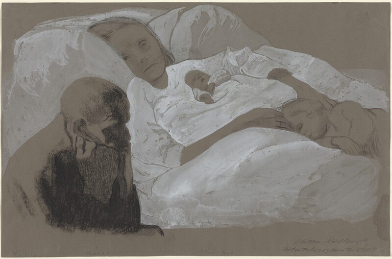 Drawn with black chalk on ash-brown paper and partially filled in with opaque watercolor, a baby and child sleep on a woman lying back on a high pillow as a man sits with his face in his fists in this horizontal drawing. With her head to our left, the woman’s shoulders angle slightly toward us, and she looks vacantly off to the right. Her features are faintly drawn with black chalk, giving her an insubstantial look. Tucked under the woman’s left arm, farther from us, the baby sleeps with mouth open and head tipped back. The woman rests both hands down to touch the head of the sleeping child on her lap. The pillow and clothing are painted with white. In the lower left corner, a bald man with a craggy brow and bumped nose looks to our right in profile. He is drawn entirely with and shaded heavily with black chalk. He rests his chin in both fists, and wears a dark coat pulled high up on his neck. The artist wrote in the lower right corner, “Kathe Kollwitz Arbeitslosigkeit 1909.”