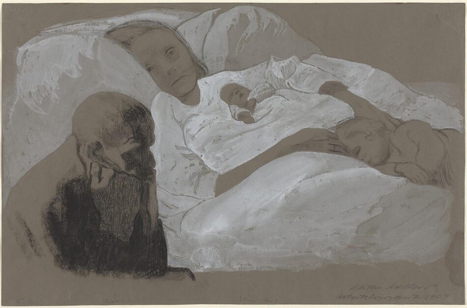 Drawn with black chalk on ash-brown paper and partially filled in with opaque watercolor, a baby and child sleep on a woman lying back on a high pillow as a man sits with his face in his fists in this horizontal drawing. With her head to our left, the woman’s shoulders angle slightly toward us, and she looks vacantly off to the right. Her features are faintly drawn with black chalk, giving her an insubstantial look. Tucked under the woman’s left arm, farther from us, the baby sleeps with mouth open and head tipped back. The woman rests both hands down to touch the head of the sleeping child on her lap. The pillow and clothing are painted with white. In the lower left corner, a bald man with a craggy brow and bumped nose looks to our right in profile. He is drawn entirely with and shaded heavily with black chalk. He rests his chin in both fists, and wears a dark coat pulled high up on his neck. The artist wrote in the lower right corner, “Kathe Kollwitz Arbeitslosigkeit 1909.”