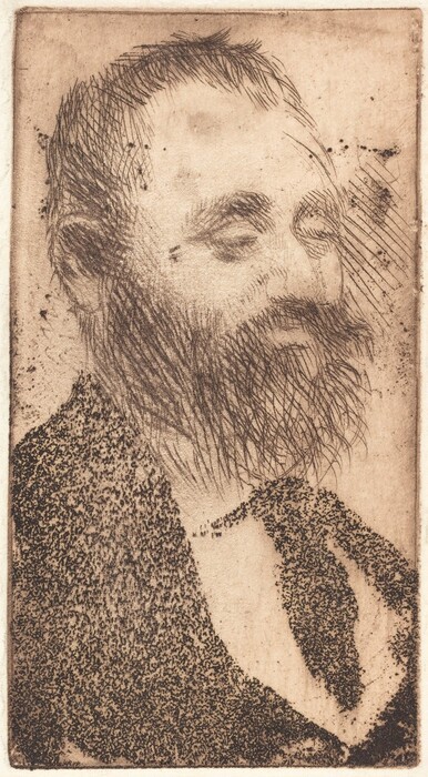 The image depicts the head and upper torso of a person in a side profile. The individual has closed eyes, a prominent nose, full beard, short, slightly disheveled hair, and is wearing textured clothing. The background is plain with a light, textured monochrome appearance, emphasizing the figure in the foreground. The style of the image resembles an etching or charcoal sketch, giving it a vintage appearance.