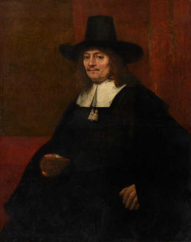 Shown from about the knees up, a man with peachy skin, wearing a voluminous black cloak and a tall, brimmed hat, looks directly at us in this vertical portrait painting. His body is angled to our left and he turns his face to look at us with brown eyes. He has a wispy, brown mustache over his pale pink lips, which are closed. He has a slight double chin and his reddish-brown hair falls to his shoulders. His wide, brimmed hat has a tall crown, which tapers a bit near the top. His black cloak falls over his arms and body, and has a wide, flat, white collar. Two white tassels hang below the split down the front of the collar. His left hand, to our right, is braced against the arm of a chair, and he rests his hand around the wooden end of the chair's arm. The wall behind him is brick-red with a coffee-brown rectangle to our left. Two vertical, fawn-brown stripes run down the red wall to our right, behind the man. Brushstrokes are visible in some areas, as in the man’s face, and a network of cracks runs across the surface of the canvas.