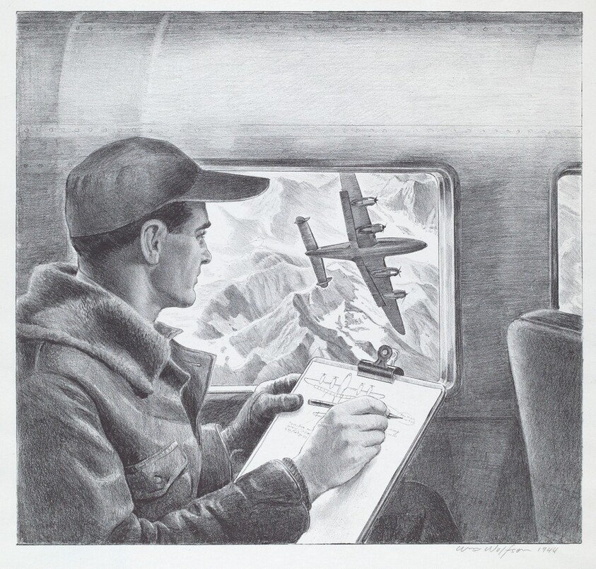 Untitled (Engineer Making Notes on Plans as he Watches Bomber Maneuvering Over Mountains)