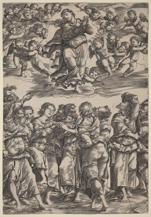 The image is a black-and-white engraving depicting a religious scene. In the upper portion, a woman is shown ascending amongst clouds, with her hands clasped in front of her. She has closed eyes and long flowing hair. Surrounding her are cherubs with wings. Below her, a group of figures are gathered, appearing to witness the scene. They have various expressions and hairstyles, and are dressed in draped clothing. The background consists of dense cloud formations.