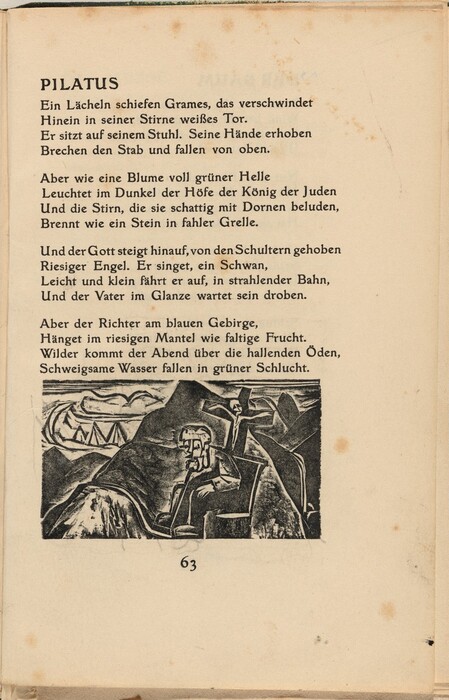 The image features abstract shapes and lines creating a scene at the bottom of the page. The black and white illustration shows angular lines and geometric shapes resembling a mountainous landscape, a stylized human figure, and cross-like forms. The artwork suggests a figure with a somber expression seated against rocky backgrounds, imparting a sense of rugged terrain. At the top of the page, German text reads "PILATUS," with the page number "63" centered beneath the illustration.