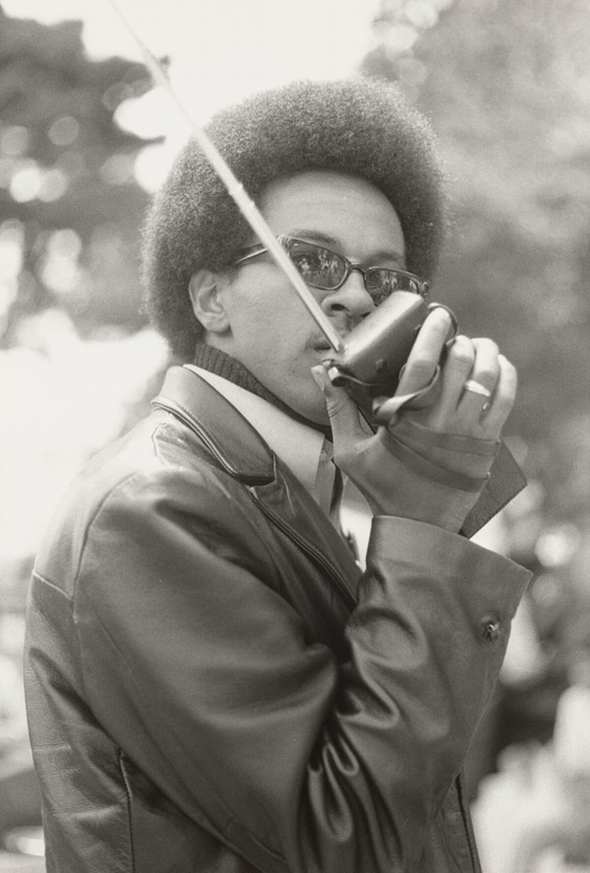 Black Panther with Walkie Talkie, Free Huey Rally at De Fremery Park, Oakland, California