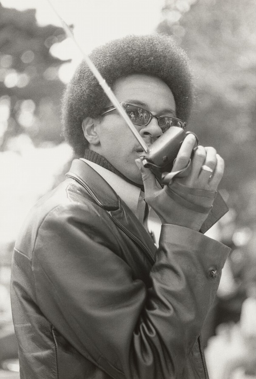 Black Panther with Walkie Talkie, Free Huey Rally at De Fremery Park, Oakland, California