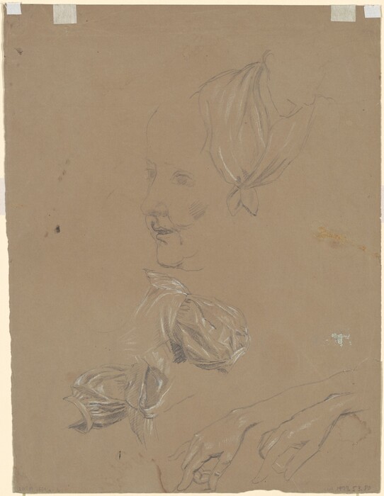 The image depicts a sketch of a person showing a partial profile view of the face and upper body. The face features light outlines of the nose, lips, and one eye. The person's hair is styled with a scarf or cloth, and the clothing includes flowing fabric around the neck and upper arm. The hands are positioned together in a relaxed manner, and the background is a plain, neutral tone.