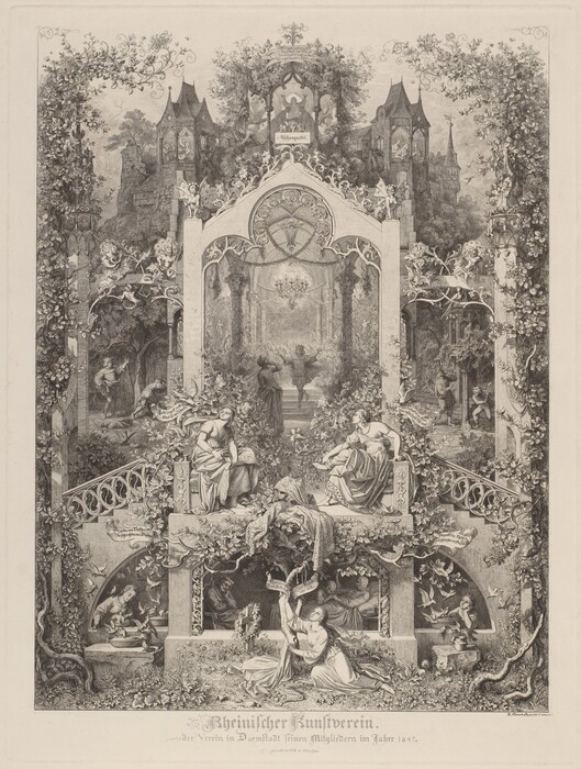This is a drawing of an architectural scene featuring arches, foliage, figures, and intricate decorations in a Gothic style. Various figures are depicted in different postures, integrated within the structure, surrounded by vegetation. The composition includes different levels and compartments with additional figures engaged in activities. The ornamentation includes vines and scrollwork. The text at the bottom reads "Rheinischer Kunstverein."