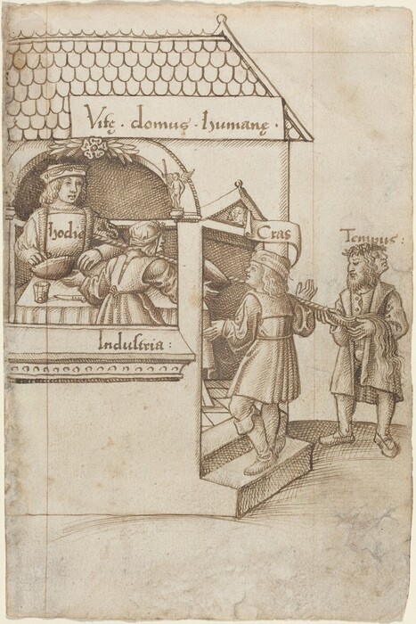 This is a drawing depicting a medieval scene with allegorical elements. The drawing features a house labeled "Vita domus humanae" with figures interacting. One figure labeled "Hodie" is serving a drink to another person, while outside, a figure labeled "Cras" is entering as a figure labeled "Tempus" gestures. The house has a tiled roof and the label "Indulencia" is present. The figures wear medieval European clothing and the artwork utilizes strong line work and shading to convey depth and texture.