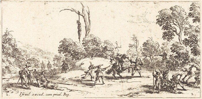 The image depicts a detailed scene from a low vantage point. The horizon is in the upper third of the frame, lined with densely-packed, intricately drawn trees. Fine and expressive line work with cross-hatching and detailed strokes convey texture. Figures engage in dynamic activity, including combat and gesturing. A fallen figure lies nearby. In the distance, more figures are seen against the backdrop of trees. The color palette is monochromatic, relying on light and dark lines for contrast.