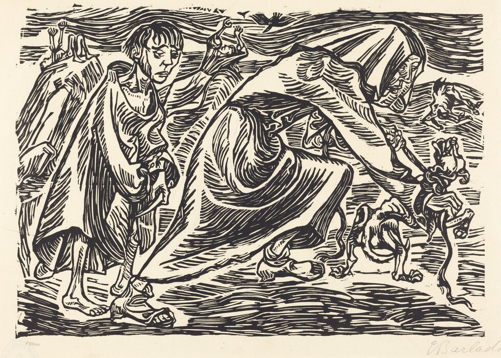 This is a drawing of figures in a dynamic composition. The scene shows several figures draped in flowing garments, depicted in strong black lines on a light background. The figures appear to be in motion, with exaggerated postures and facial expressions. The background features abstracted natural elements like swooping lines. The style is reminiscent of early 20th-century modernist art.