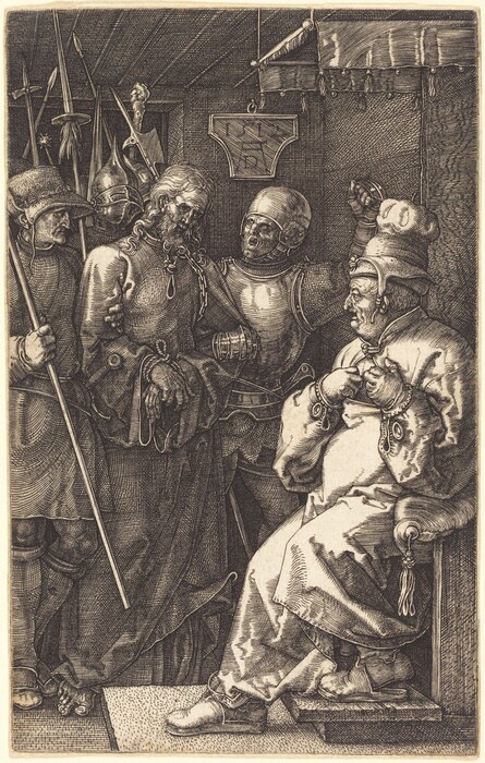 This is a drawing of a group of armored men in a medieval setting. The image shows four men interacting in a wooden room with a carved ceiling and walls. The central figure, appearing shackled, is being restrained or supported by two soldiers, while a seated figure on the right observes the scene. There are helmets and weapons like spears and swords hanging on the walls. The drawing has intricate details and shading, resembling a style similar to Albrecht Dürer.