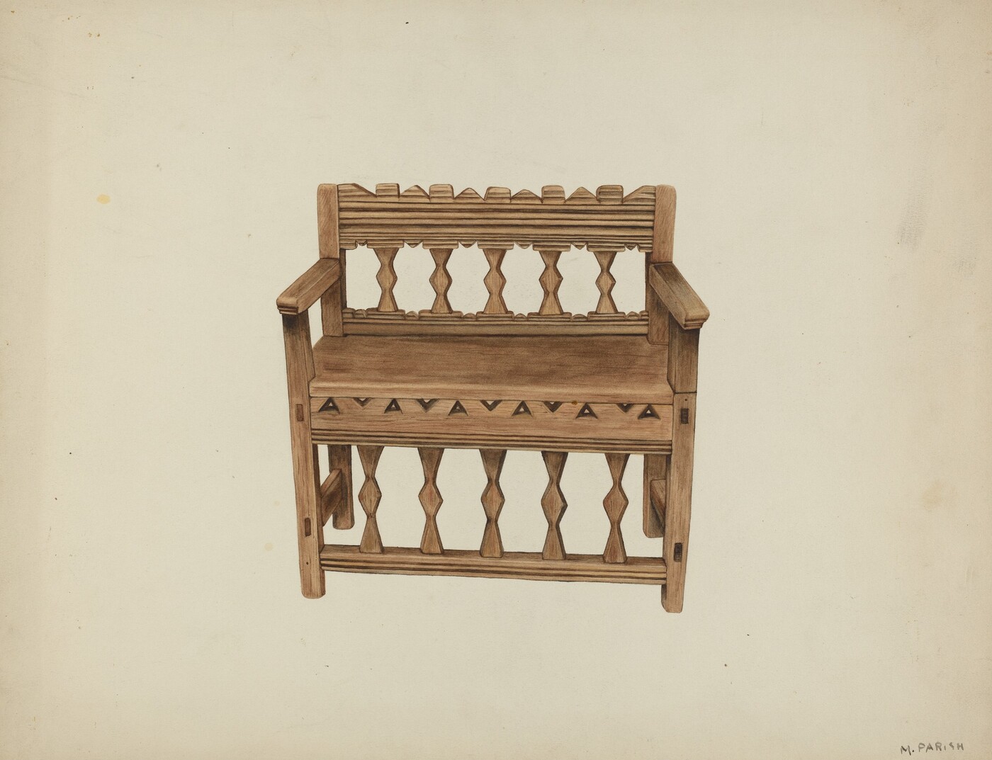 The image shows a wooden chair with intricate cut-out patterns on the backrest and front panel. The chair is light to medium brown in color with visible wood grain texture. It is against a plain, off-white background.
