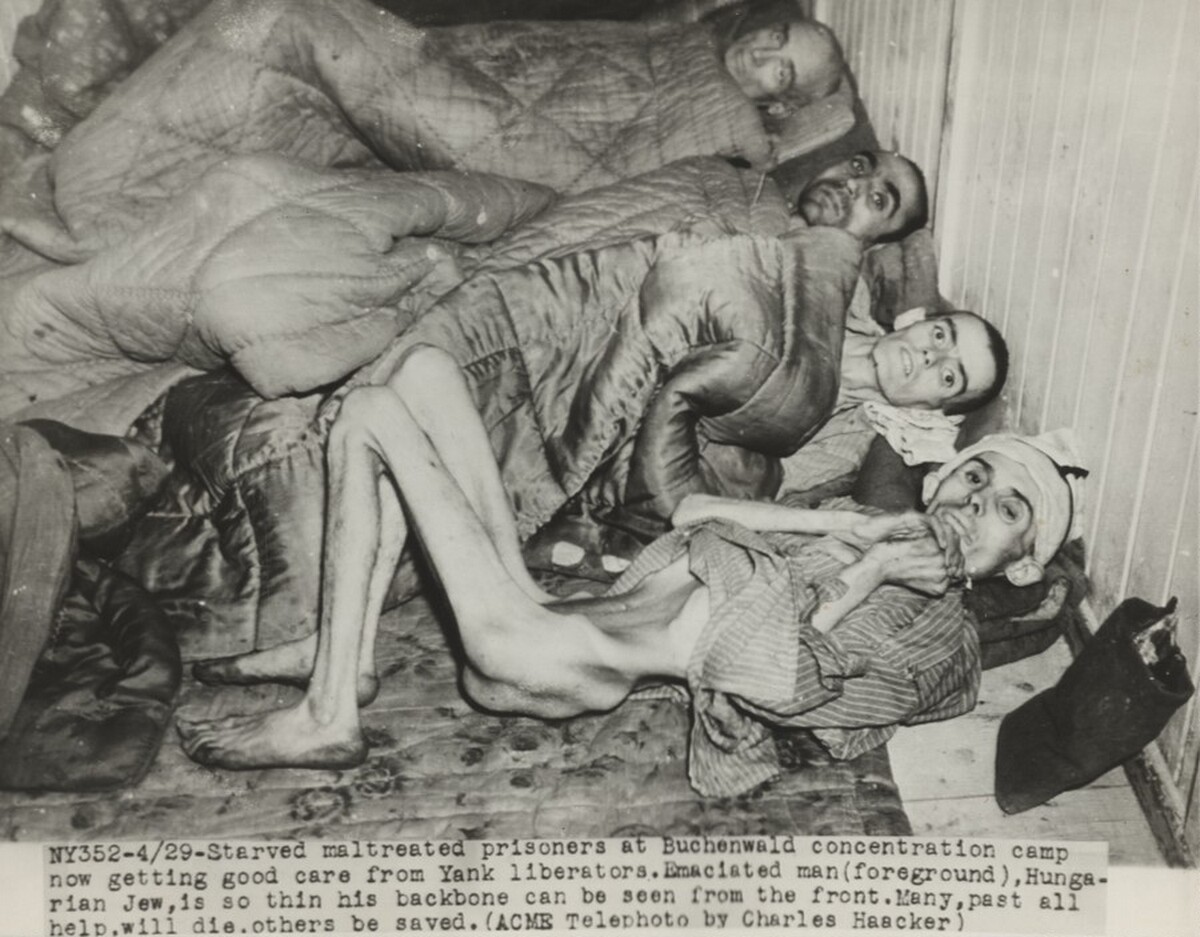Title from caption on object: "Starved Maltreated Prisoners at Buchenwald Concentration Camp Now Getting Good Care…”