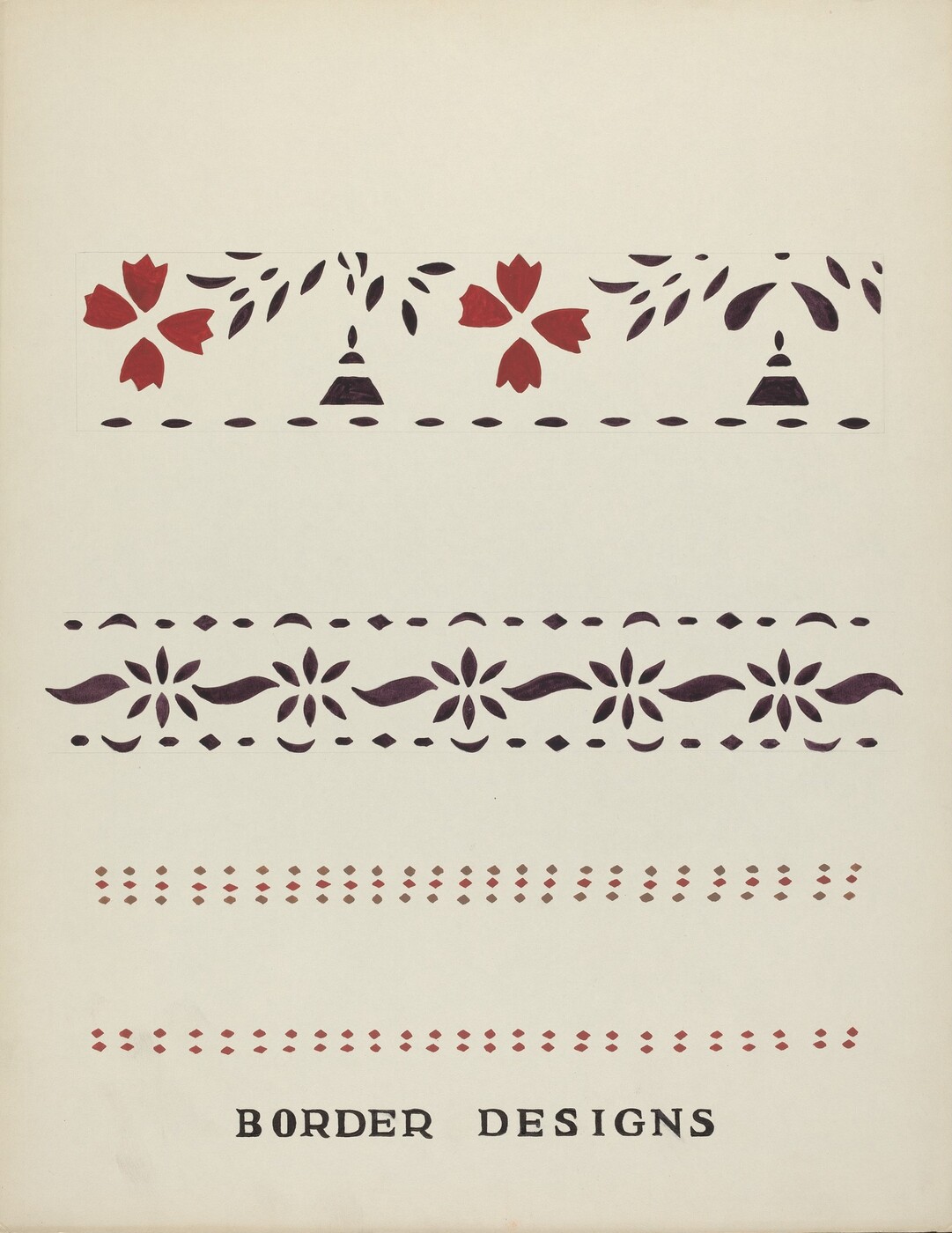 The image shows a series of border designs with abstract shapes and lines. The top design has symmetrical patterns resembling red floral-like shapes, leaves, and bell-shaped forms. The middle pattern has a repetitive sequence of curved petal-like shapes. The bottom rows feature small diamond shapes in horizontal bands. The overall style offers a decorative element suitable for ornamental purposes.