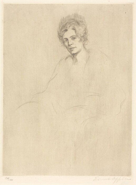 The image shows a sketch of a woman in a seated position, viewed in a three-quarter profile. Her head is slightly tilted with a gentle expression on her face. She has soft facial features with wavy hair styled away from her face, giving her a poised and elegant appearance. The clothing is depicted through undefined lines. No visible jewelry or objects are held by the person. The background is a plain beige.