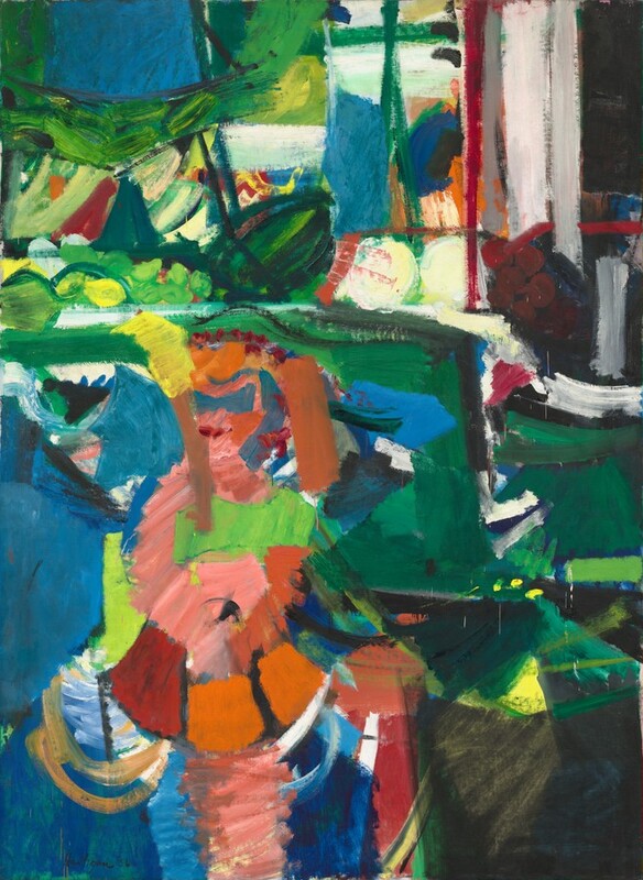 Broad strokes of paint create blocks of color in tones of emerald and celery green, topaz and sapphire blue, red, orange, bright yellow, white, and black in this abstract, vertical composition. A collection of peach-toned colors in the lower left quadrant could loosely represent a person. Other shapes give the impression of a room with a window and furniture, though details are left to our imagination.