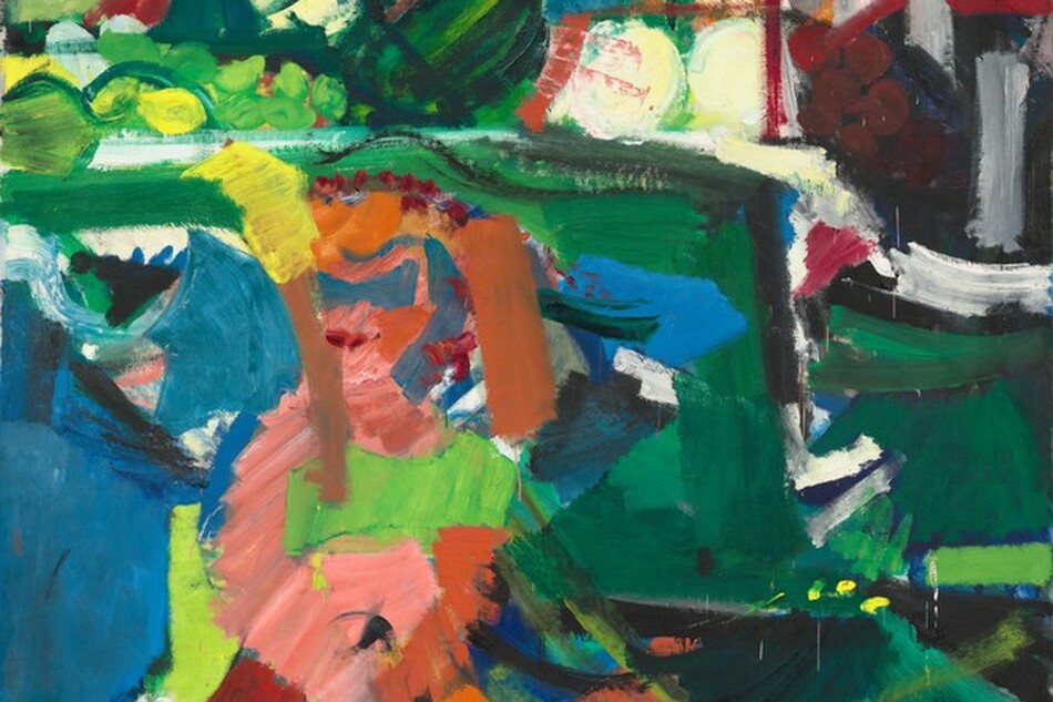 Broad strokes of paint create blocks of color in tones of emerald and celery green, topaz and sapphire blue, red, orange, bright yellow, white, and black in this abstract, vertical composition. A collection of peach-toned colors in the lower left quadrant could loosely represent a person. Other shapes give the impression of a room with a window and furniture, though details are left to our imagination.