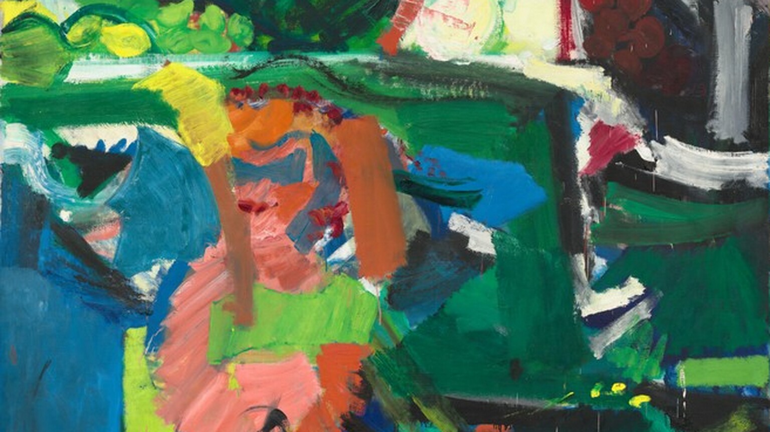 Broad strokes of paint create blocks of color in tones of emerald and celery green, topaz and sapphire blue, red, orange, bright yellow, white, and black in this abstract, vertical composition. A collection of peach-toned colors in the lower left quadrant could loosely represent a person. Other shapes give the impression of a room with a window and furniture, though details are left to our imagination.