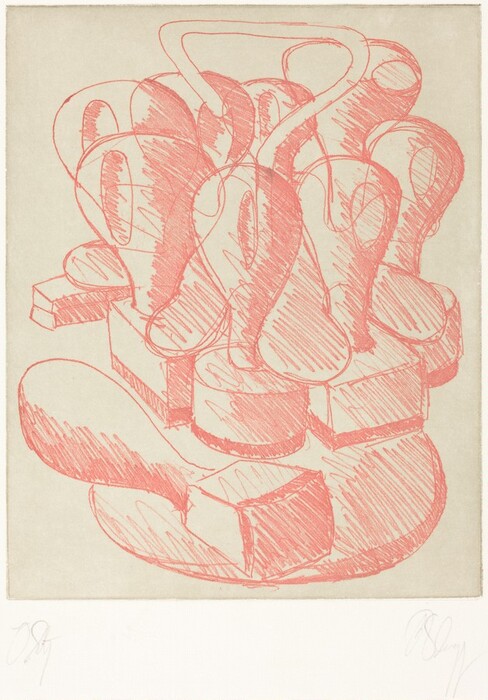 The image shows an intricate composition of lines and shapes forming an abstract design. The arrangement consists of wavy, ribbon-like forms interspersed with oval and rectangular elements that overlap and intertwine, creating a sense of depth and motion.