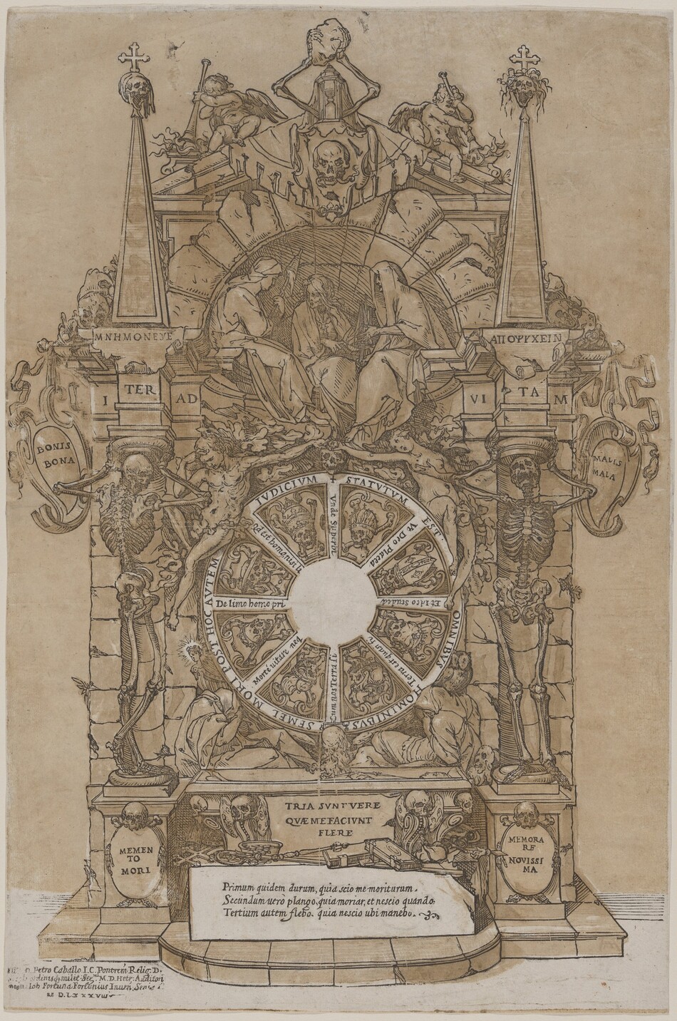 This is a detailed drawing with macabre and allegorical motifs. It features skeletal and classical elements. The central design includes two putti on an arch with a skull emblem and a skeletal figure below. Flanking the arch are obelisks with Latin inscriptions. Below, there is a segmented wheel with scenes or symbols, encircled by Latin phrases. Near the bottom, an altar-like structure with Latin inscriptions, skulls, and bones suggests the theme of mortality. The artwork seems to be influenced by Renaissance memento mori imagery.