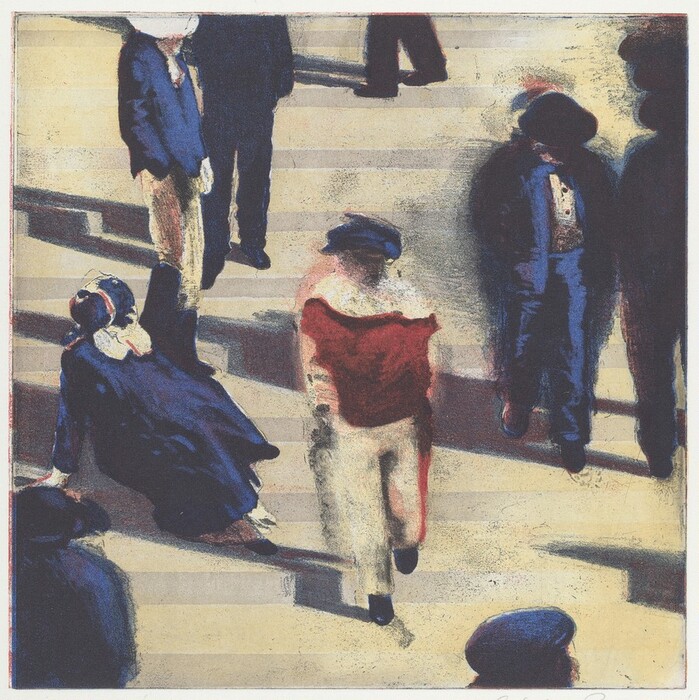 This is a painting of several abstract figures in motion. The scene includes abstract human figures in different postures, with one figure lying down and others standing or walking. The color palette includes blues, reds, and beiges. The figures are stylized with a focus on their clothing colors and shadows, creating a sense of movement and interaction. The style is reminiscent of Edgar Degas, known for his depictions of people in everyday settings with an impressionistic approach.