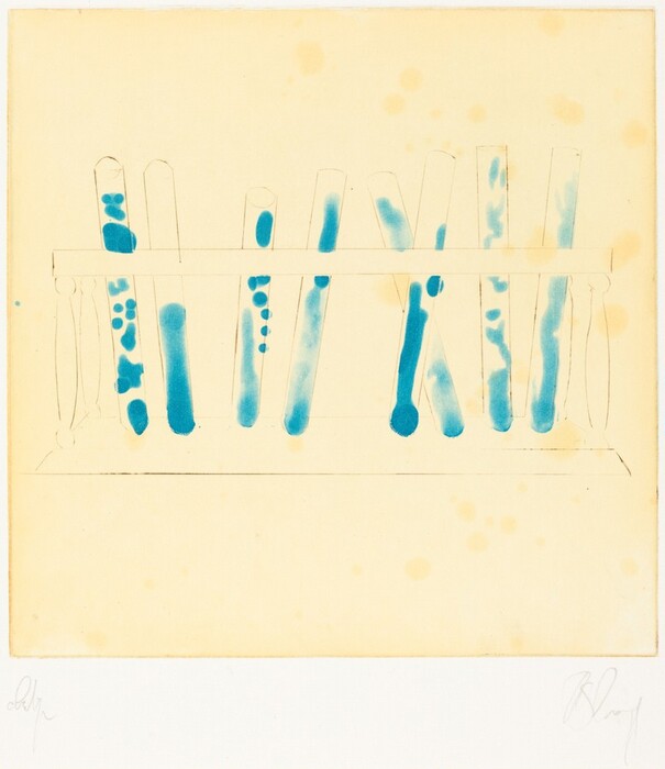 The image depicts a row of vertical lines and shapes resembling elongated tubes with inscribed lines indicating a rack holding the forms. It also features bright blue blobs and drips scattered on the tubes, similar to test tubes in a laboratory setting filled with vibrant liquid substances. The composition can be compared to a test tube holder, evoking scientific imagery with its depiction of cylindrical shapes.