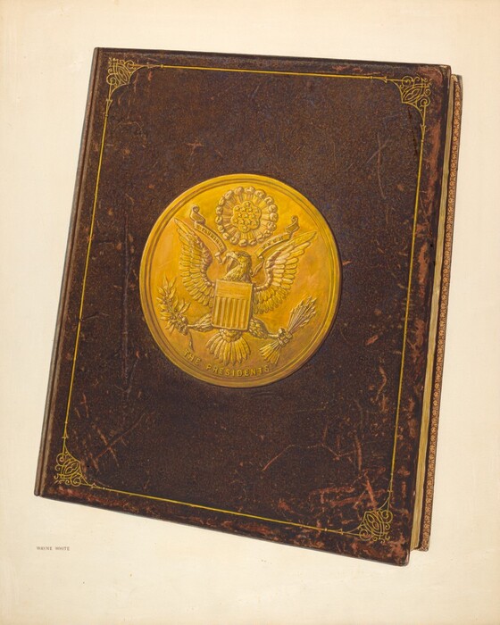 The image shows a closed book with a golden eagle emblem on its brown cover. The book is upright and centered on a light-colored background, highlighting its intricate design details.