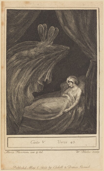 This is a drawing of a person resting under a looming figure. The scene shows an individual seated and draped in flowing garments, in what appears to be a bed or reclined setting. A large, ghostly figure dominates from the left side, with swirling lines creating a mysterious aura. The spectral figure has an ornate design atop, where the ethereal form meets swirling clouds or fabric. The background is dark, with a thick curtain hanging to the right.