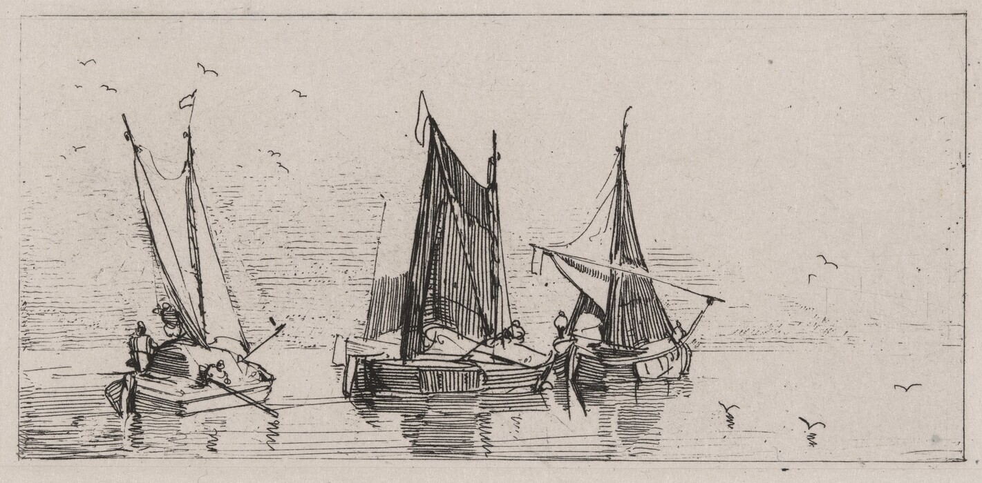 This etching shows three sailboats on calm water, viewed from above. The horizon is high, with the sails reaching into the sky. No land or structures are visible on the horizon. The style features simple, delicate lines with minimal detail, evoking a tranquil atmosphere. The color palette is monochromatic with black and white dominating. Birds are lightly sketched in the distance. The boats with lowered sails create reflections on the water's calm surface, depicted with horizontal lines.