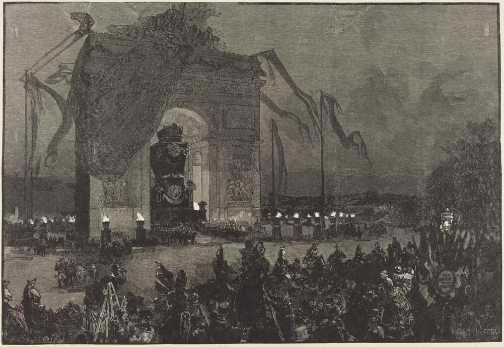This is a drawing of a grand architectural arch with a gathering and decorations. The scene captures a large arch structure with elaborate banners and flags. Multiple figures are present in front of the arch, some carrying torches or lights. The scene conveys a dramatic atmosphere through the use of shadow and light. The style of the drawing is reminiscent of historical or classical illustrations, emphasizing grandeur and fine detail.