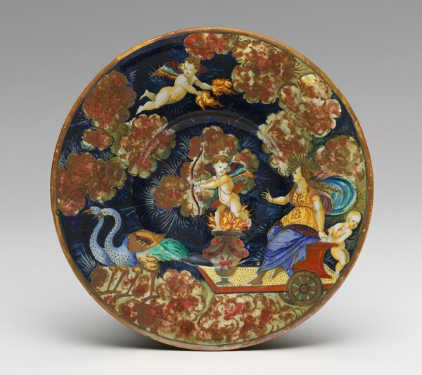 Plate with Venus in her chariot and Cupid, riding through a night sky
