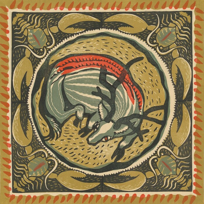 The image depicts an abstract composition with a circular form in the center, surrounded by intricate, jagged lines and shapes. The central shape resembles a curled-up deer with antlers and a red-striped back, set against a backdrop of swirling patterns. Surrounding the central image are motifs resembling stylized plant forms or insects. The use of contrasting colors and fluid lines evokes familiarity with tribal art or folkloric illustrations.