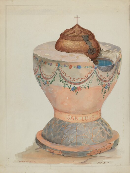 The image shows a baptismal font with a mosaic pattern and a domed cover with a cross on top. The color palette includes pastel tones and earth tones. The font is embellished with floral and vine patterns, and has an inscription that reads "SAN LUIS REY" around the middle section.