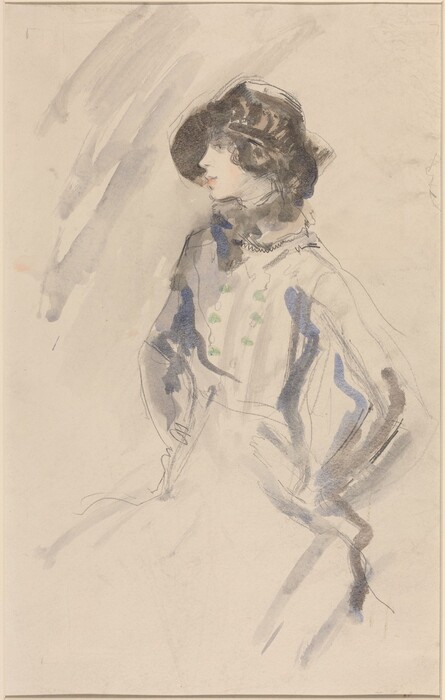 The image shows a sketch of a person from the waist up. The individual is positioned with their body angled to the side and their head turned towards the viewer's left. The person has curly hair, partially covered by a large hat casting a shadow on their face. Their facial features are detailed with emphasis on the nose and lips. The clothing is loosely sketched, depicting a collared garment with button details and subtle coloring. The person's hands are on their hips, creating a confident pose. The background is a wash of light grayish hues, giving a soft texture and allowing the figure to stand out.