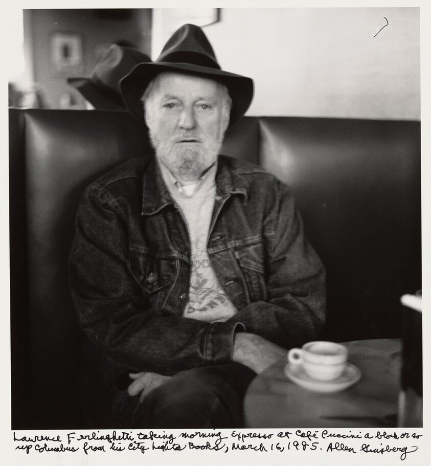 Lawrence Ferlinghetti taking morning expresso at Café Puccini a block or so up Columbus from his City Lights Books, March 16, 1985.