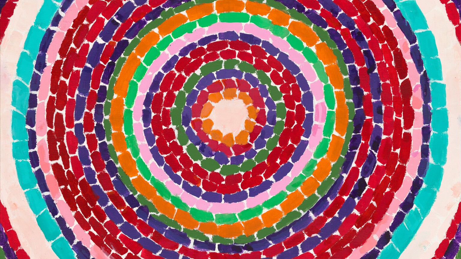 This nearly square, abstract painting is filled with circles within circles, like nested rings, each of a single bright color against the ivory white of the canvas. Each ring is made up of a series of short, rectangular dashes, and some bands are narrower while others are a bit wider. The majority of the rings are crimson and brick red, and they are interspersed with bands of lapis blue, army green, and pale pink. One of two pumpkin-orange bands is the smallest, innermost ring at the center. There is one aqua-blue colored ring just inside a pale, shell-white ring, which is the first to get cropped by the edges of the canvas. A few red, green, and blue rings beyond the white band are only seen at the corners of the canvas.