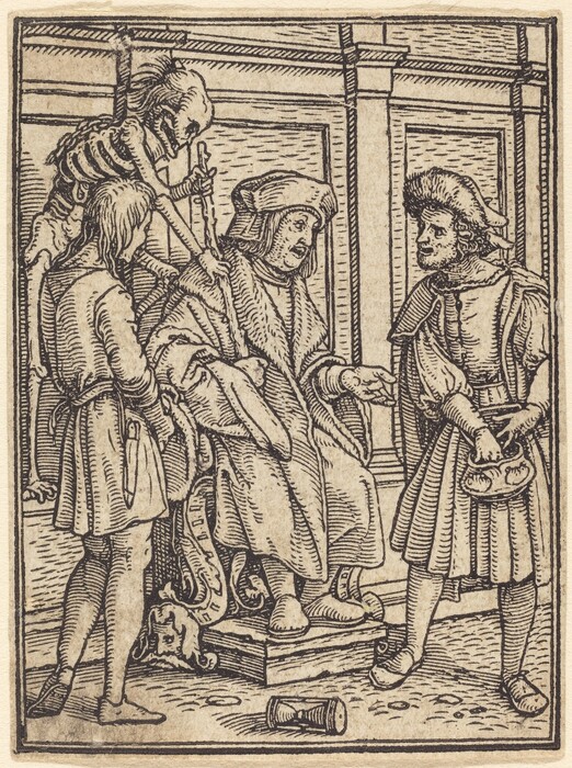 The image shows three figures in a room with decorated paneling in the background. The first figure on the left is partially turned away from the viewer, with their body seen from the back and their head turned slightly to the right. This person appears to be holding a scythe-like object. Next to them is a skeletal figure, also partially turned, with a bony hand resting on the shoulder of the central figure. The central figure is sitting on a block, their entire body visible. They are dressed in a voluminous robe with fur trim and a cap. This figure is gesturing with one hand towards the third figure. The third figure is standing to the right, fully visible, dressed in a tunic with a belt and a cap, holding a dish or hat in front of them. The background suggests an interior setting with a tiled or patterned floor, and there is an hourglass lying on its side on the ground in the foreground.