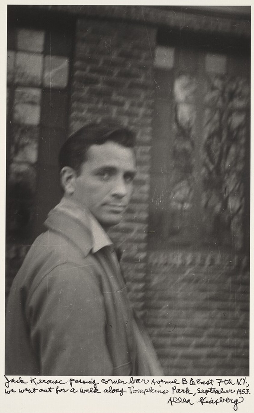 Jack Kerouac passing corner bar Avenue B & East 7th N.Y., we went out for a walk along Tompkins Park, September 1953