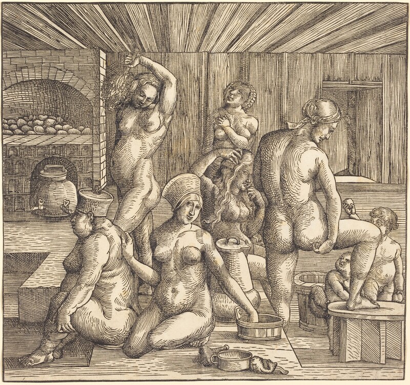 Printed with regular, hatched lines and shading on cream-white paper, six nude women and two children gather and bathe on and around a platform in a wood-paneled room in this square woodcut. A woman at the bottom center of the composition kneels and looks at us, her body facing out as she tips her head to her right and smiles. She wears a brimless, flaring cap. She reaches into a low-sided pail by one hip with her left hand, to our right, and touches the back of a portly woman with her other hand. That second woman sits facing our left in profile. She wears a straight-sided cap as she looks into the distance. Two women behind this pair have long, loose hair. One stands and holds up a tool, like a bundle of leaves or feathers, over her head so it touches the far shoulder. The other sits on the platform and touches her hair, also looking at us. The fifth woman, behind her, stands with her body facing us but she looks up and to our left. Her hair is pulled back under a headdress and one arm crosses her chest. The sixth woman stands next to the first with one foot on the floor and one propped up on a stool to our right. She stands with her back to us and reaches with her right hand to scratch the underside of her right buttock. Two children look at the group from just beyond the stool. Jugs, buckets, brushes, and other tools lie on and around the platform. Another person enters from a door on the far wall near the right edge of the sheet. That far wall and ceiling are paneled with wood. An arched oven and a jug with spigots are in the back left corner.