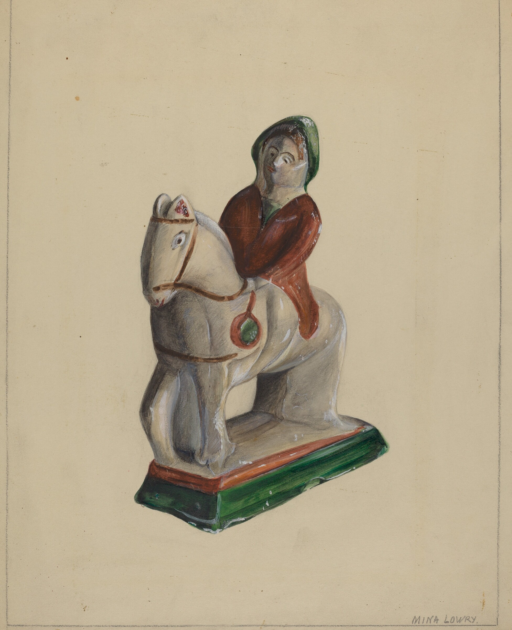 Pa. German Chalkware Woman on Horse, Mina Lowry, c. 1936