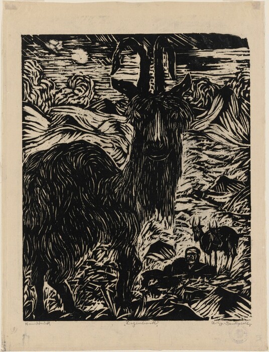 This is a drawing of a goat standing in a stylized landscape. The drawing features a prominently detailed goat in the foreground, drawn with thick, contrasting lines. The goat's fur is emphasized with intricate line work. In the background, swirling lines suggest rolling hills or mountains, with a sun or moon partially obscured by stylized clouds. There is another smaller animal depicted in the scene. The overall composition has a vivid contrast between the dark lines and light paper.