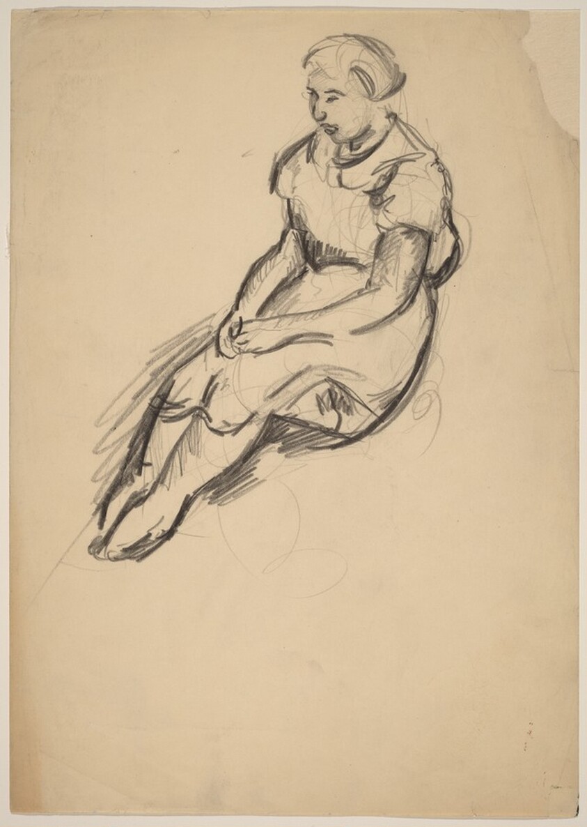 Seated Woman with Legs Extended and Hands Clasped in Lap