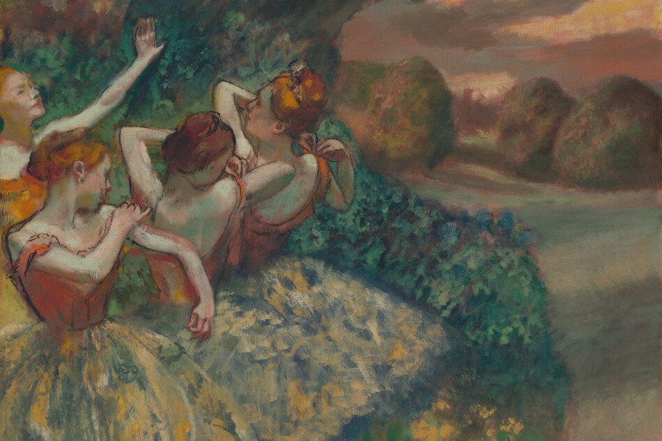 Four light-skinned ballerinas with russet-orange hair tied back in buns adjust the straps of their bodices as they gather close together, their bodies and wide, knee-length tutus taking up the left half of this horizontal painting. The background or backdrop beyond them shows a grove of deep green trees to our left and a sunset view of meadows leading back to trees to our right. Three of the dancers stand in a row that extends from the lower left corner to our right and away from us. All three wear rust-orange bodices over tutus that are painted loosely with flecks of pale celery green and buttercup yellow against a muted royal-blue background. Their bodices and upper bodies are outlined with black. The woman closest to us stands with her body angled to our right. Her face turns away as she looks to her left and adjusts that shoulder strap. The two dancers farther from us stand with their backs to us, their bodies angled away from us to our left. The middle dancer looks back over her right shoulder as she lifts the other elbow to adjust that strap. The third dancer in the row holds both hands to her right strap as she looks off into the distance, to our left. The fourth ballerina, to our far left beyond this trio, stands with the arm we can see, her left, lifted with her hand held high as she looks off to our right. Her bodice is a brighter carrot orange, and is more loosely painted. The green foliage behind the dancers extends off the top edge of the painting. The pale sage-green field to the right stretches before puffy, rounded trees daubed with mauve-pink highlights. The coral-pink and golden yellow sky is streaked with lavender-gray clouds. The artist signed his name in red paint with tiny, almost illegible letters in the lower right corner, “Degas.”